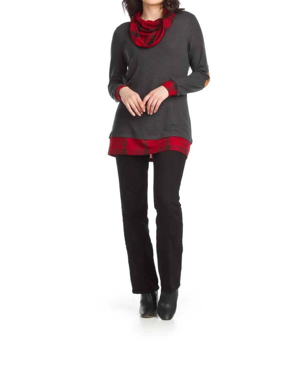 NEW PAPILLON plaid cowl neck tunic with elbow patches in grey